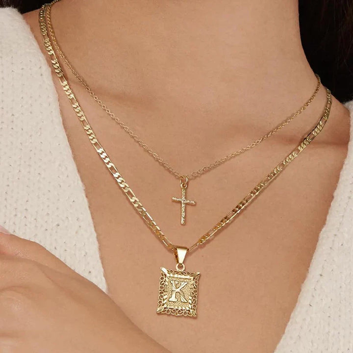 Cross Initial Necklace Set | Gold