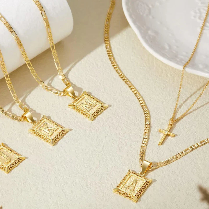 Cross Initial Necklace Set | Gold