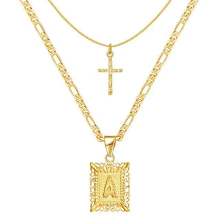Cross Initial Necklace Set | Gold