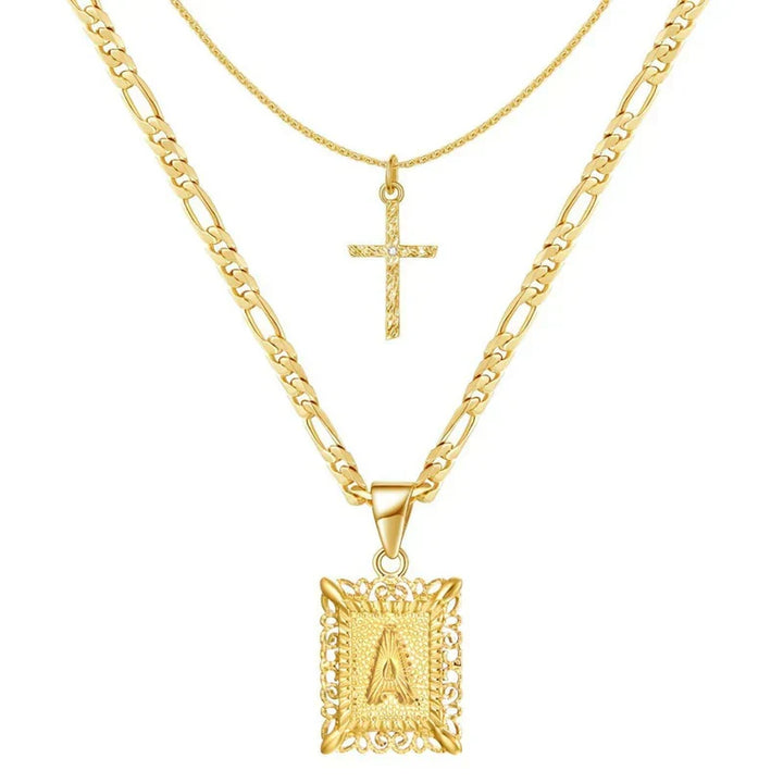 Cross Initial Necklace Set | Gold
