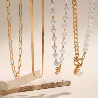 Vintage Pearl &amp; Gold Snake Chain Necklace Set | Gold