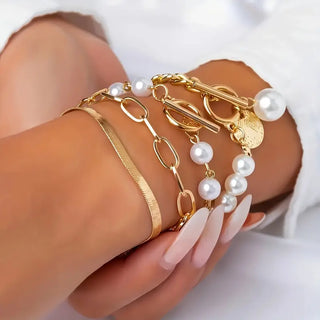Chic Gold 4-Piece Bracelet Set - Snake, Pearls &amp; Links | Gold