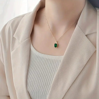 Gold Emerald Rectangular Halo Necklace