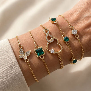 Hallow Heart Green Crystal Stone Bracelet Set