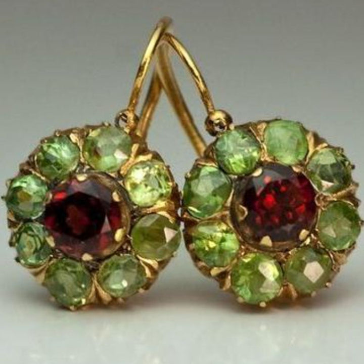 Vintage Rounded Green &amp; Red Crystal Earrings